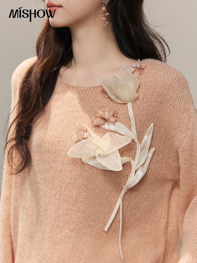 Mishow Pinkish Beige 3D Floral Applique Crew Neck Sweater MXE47Z2649