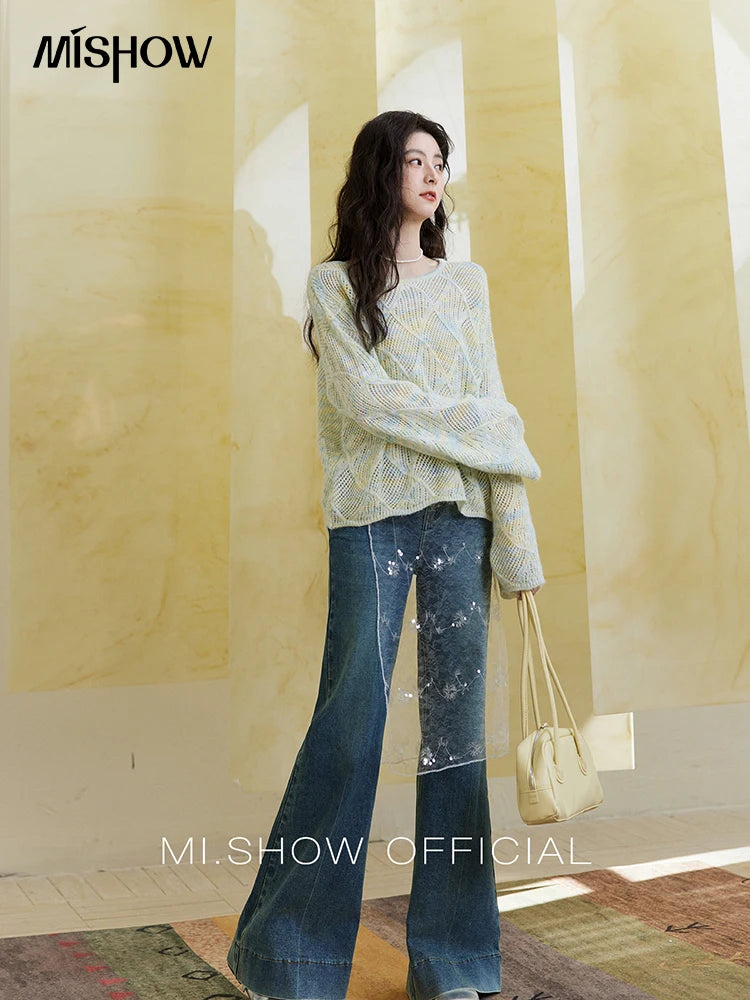 Mishow Hollow Dropped Shoulder Hem Wavy Edge Sweater MXE14Z1208