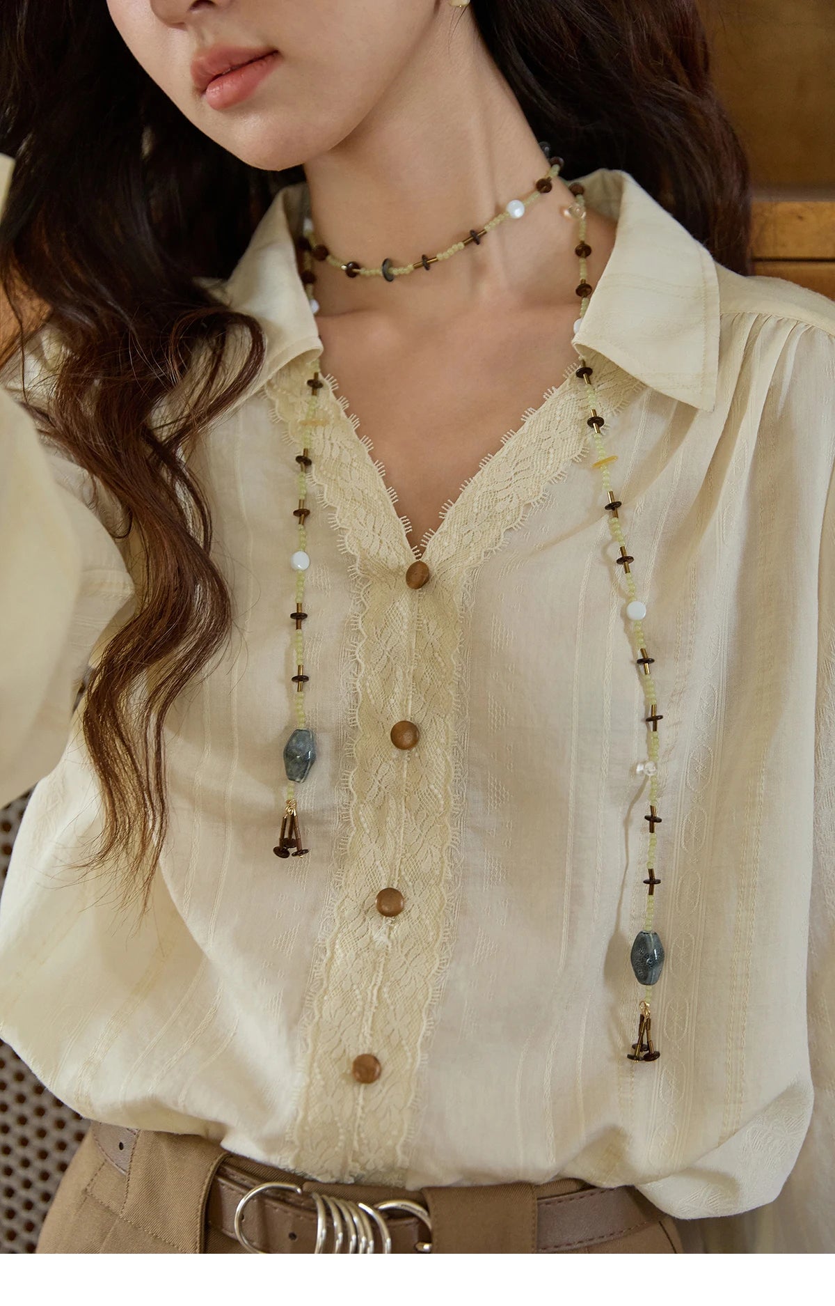 MISHOW French V-Neck Shirt Lace Panels Apricot Top MXE43X2474