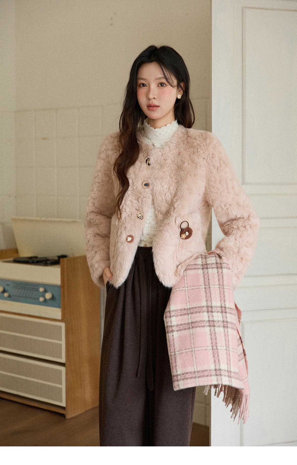 Mishow Sweet Pink Faux Rabbit Fur Coat MXE87W0990