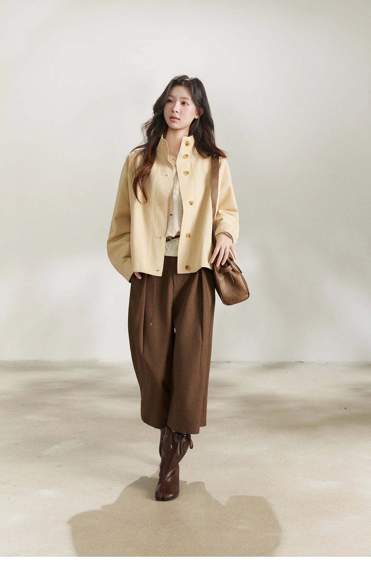 MISHOW Khaki Cropped Trench Coat Lapel Stand Collar MXF108W1003