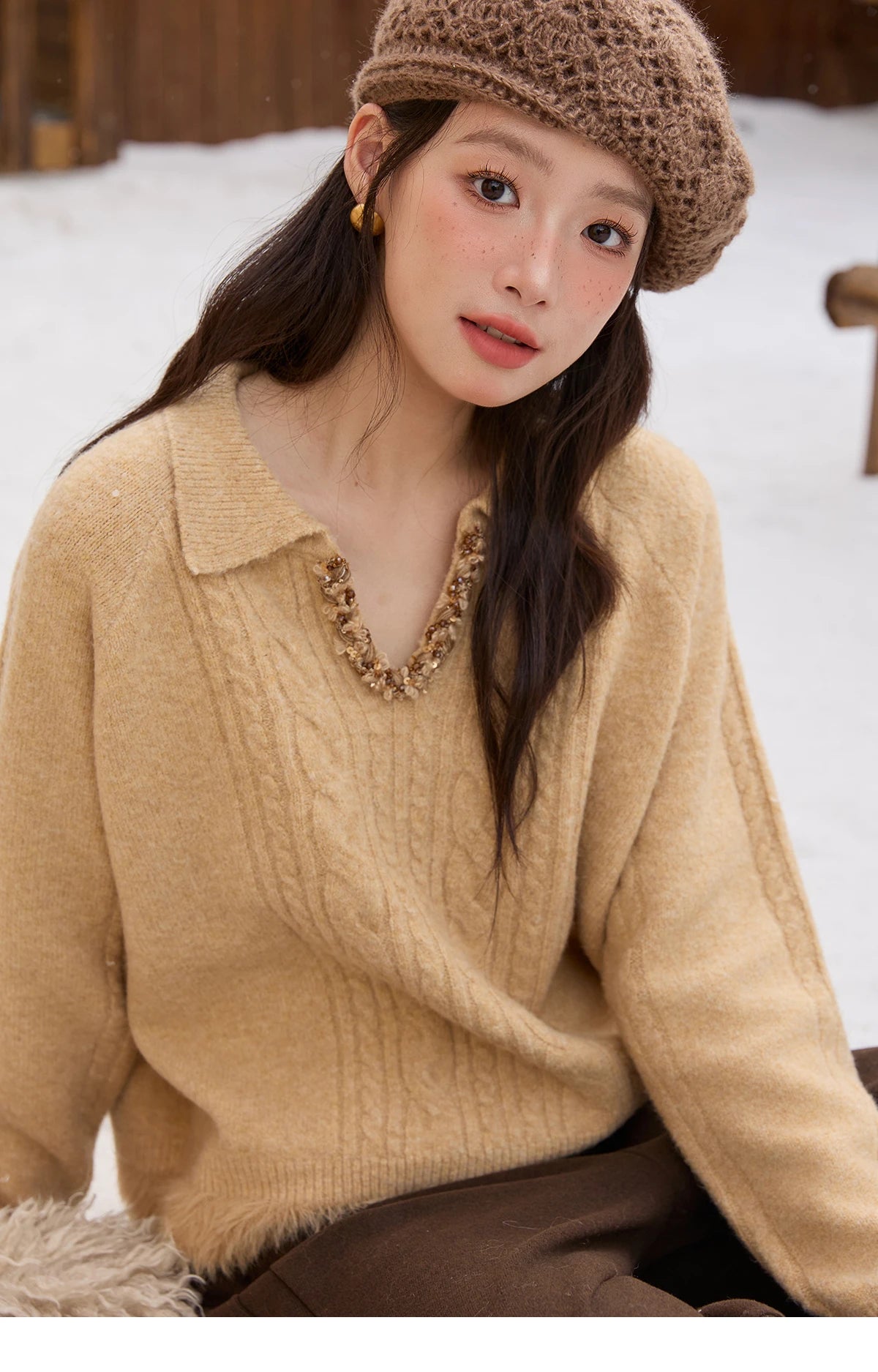 Mishow Yellow Cable Plush Hem Stitching Sweater MXE88Z2674