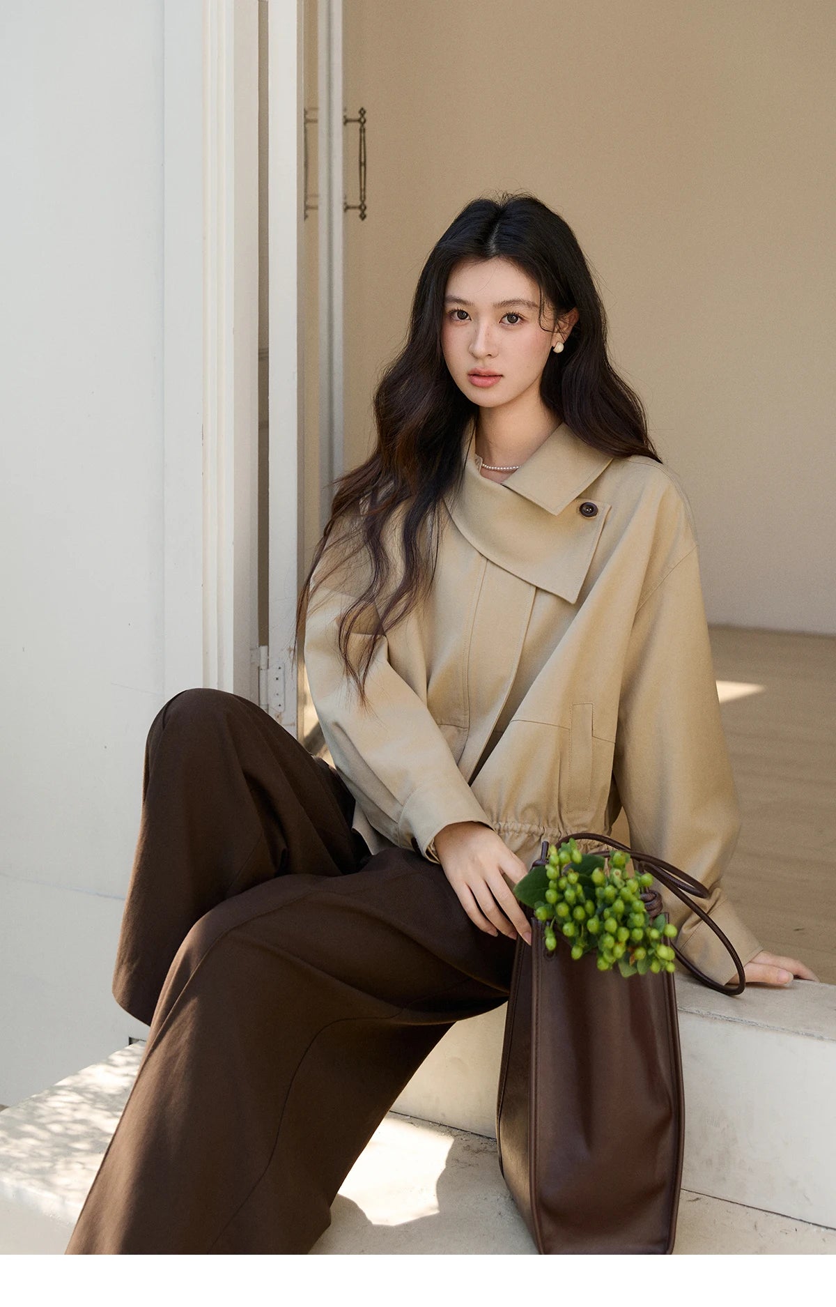 MISHOW Khaki Cropped Jacket Asymmetrical Collar Drawstring Waist MXF11W1029