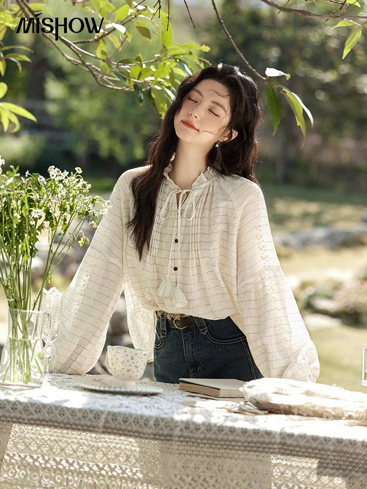 MISHOW French Striped Blouse Lace Collar Chiffon MXE12C0387