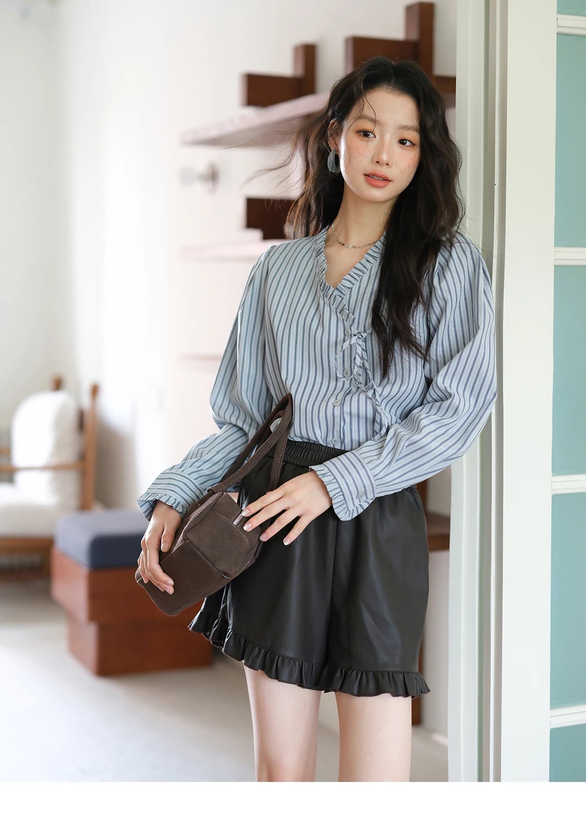 MISHOW Blue Striped Velvet Shirt V-Neck Asymmetrical Lace-Up MXE42X2472