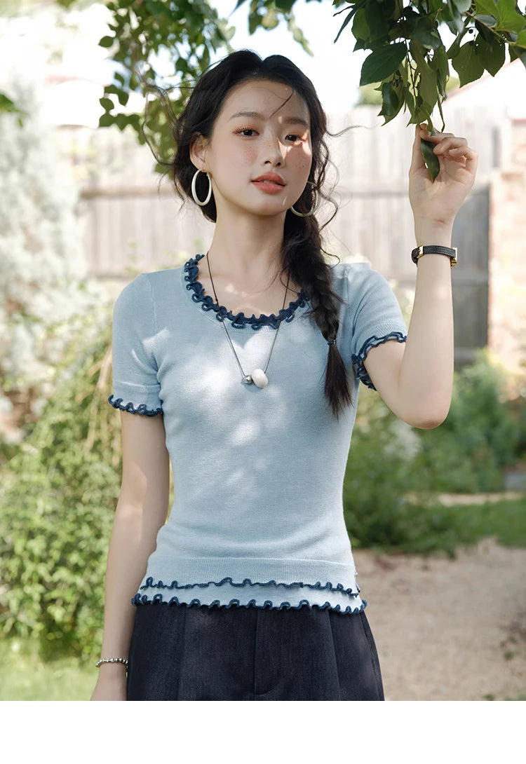 Mishow Round Neck Ear Edge Short Sleeve Tee MXE32Z1233