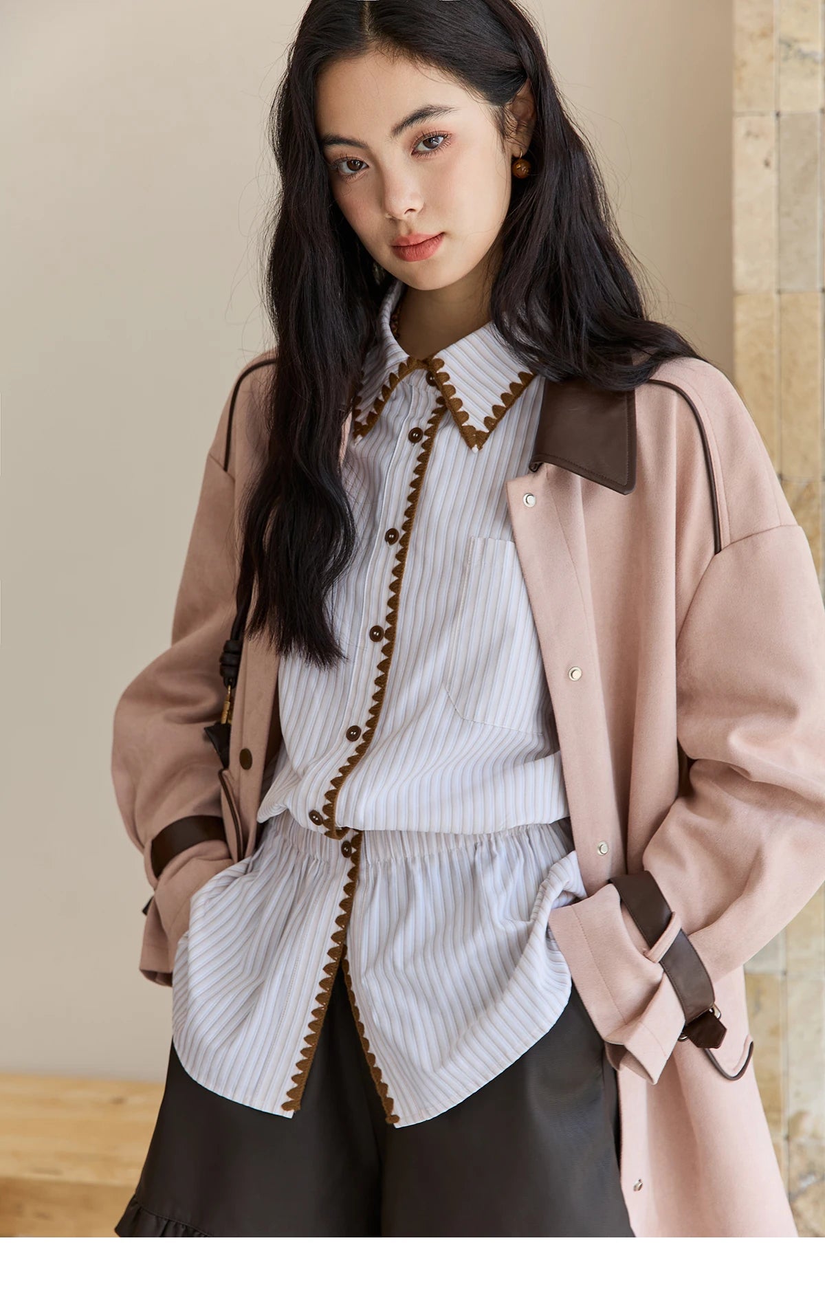 MISHOW Pink Mid-Length Jacket Turn-Down Collar Button Spliced MXE45W0845