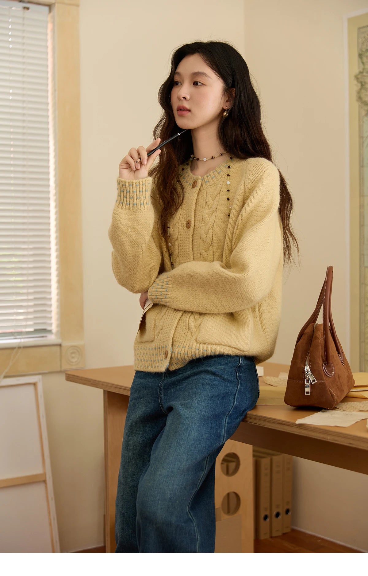 Mishow Yellow Cable Knit Hand-Drawstring Cardigan MXE47Z2566