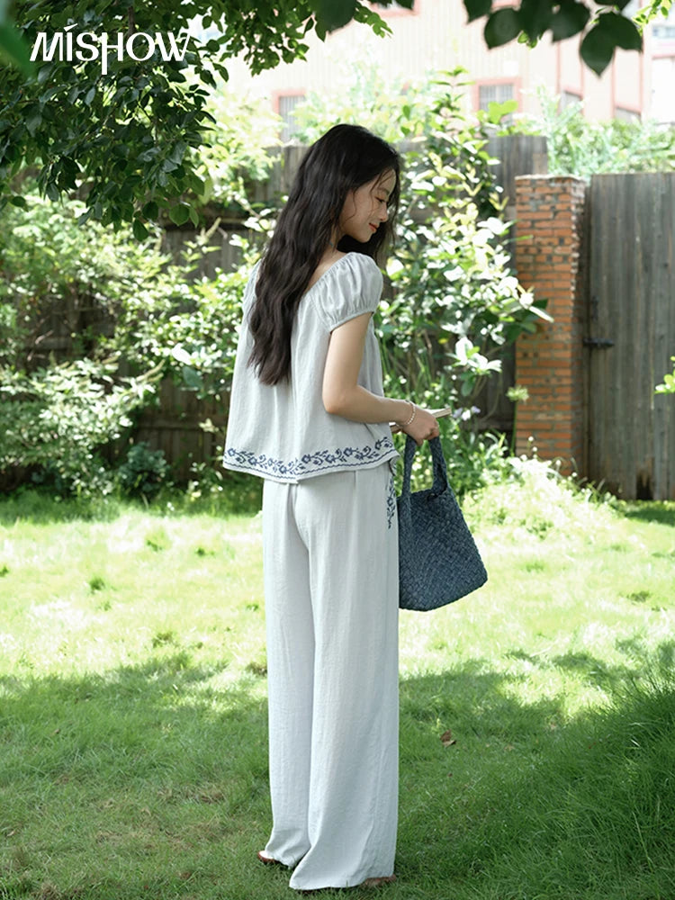 Mishow Embroidery Flower Round Neck Blouse & Pocket Wide Leg Pants Set MXE39T0669