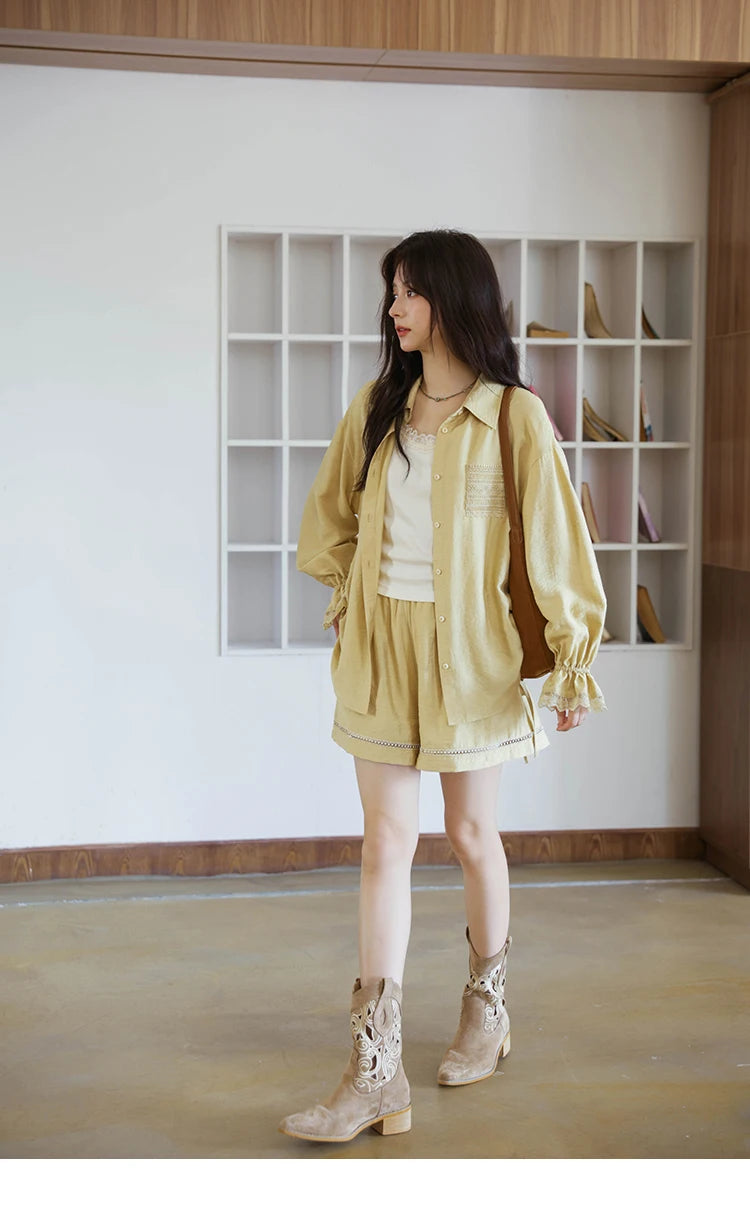 Mishow Yellow Linen Lace Shirt & Camisole & Shorts Three-Piece Set MXE42T0718
