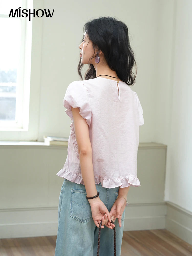 MISHOW Fungus Edge Puff Sleeve Blouse O-Neck Loose MXE39X1941