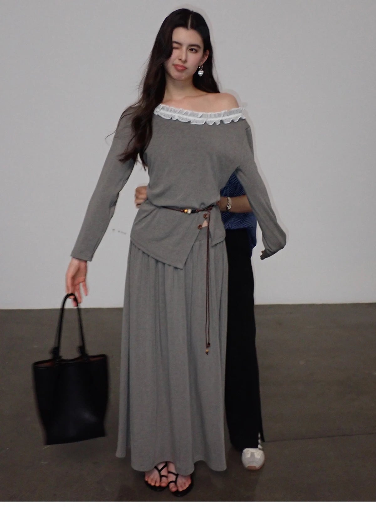 Mishow Grey Off-Shoulder Lace Trim Top & Maxi Skirt Set MXF13T1479