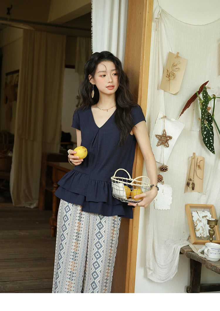 Mishow Lotus Leaf Edge V-Neck Blouse & Geometric Wide Leg Pants Set MXE39T0670