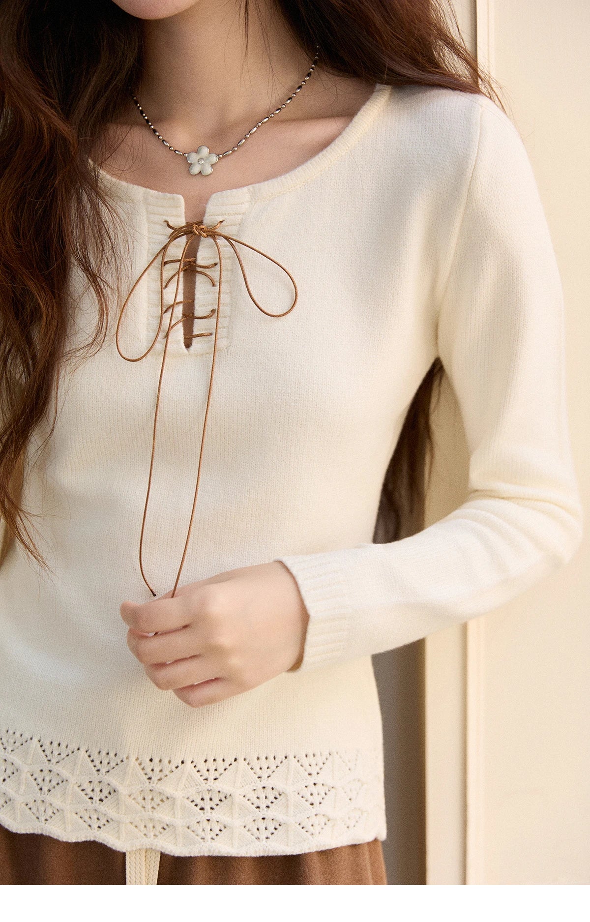 Mishow Beige Contrast French Hem Crochet Sweater MXE89Z2634