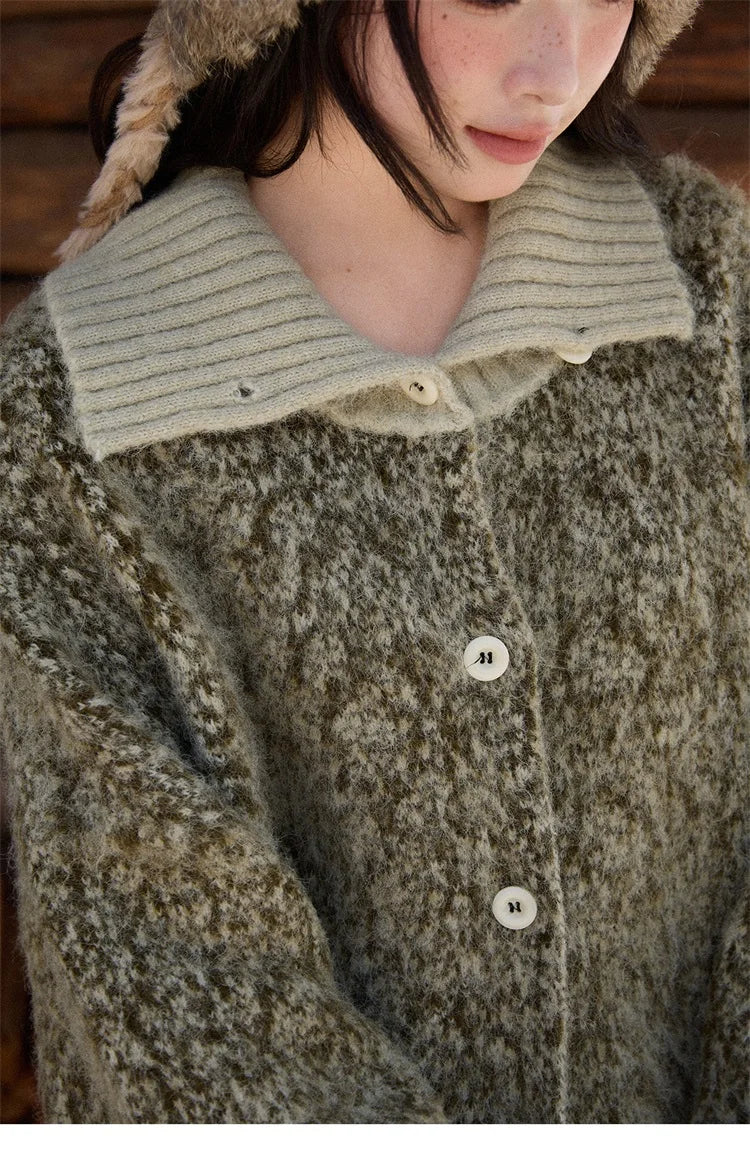 Mishow Green Retro Mottled Stand Collar Cardigan MXE90Z2787