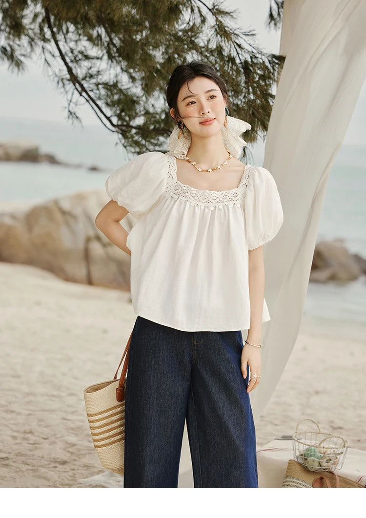 MISHOW Square Collar Puff Sleeve Blouse Lace Splicing MXE32X1780