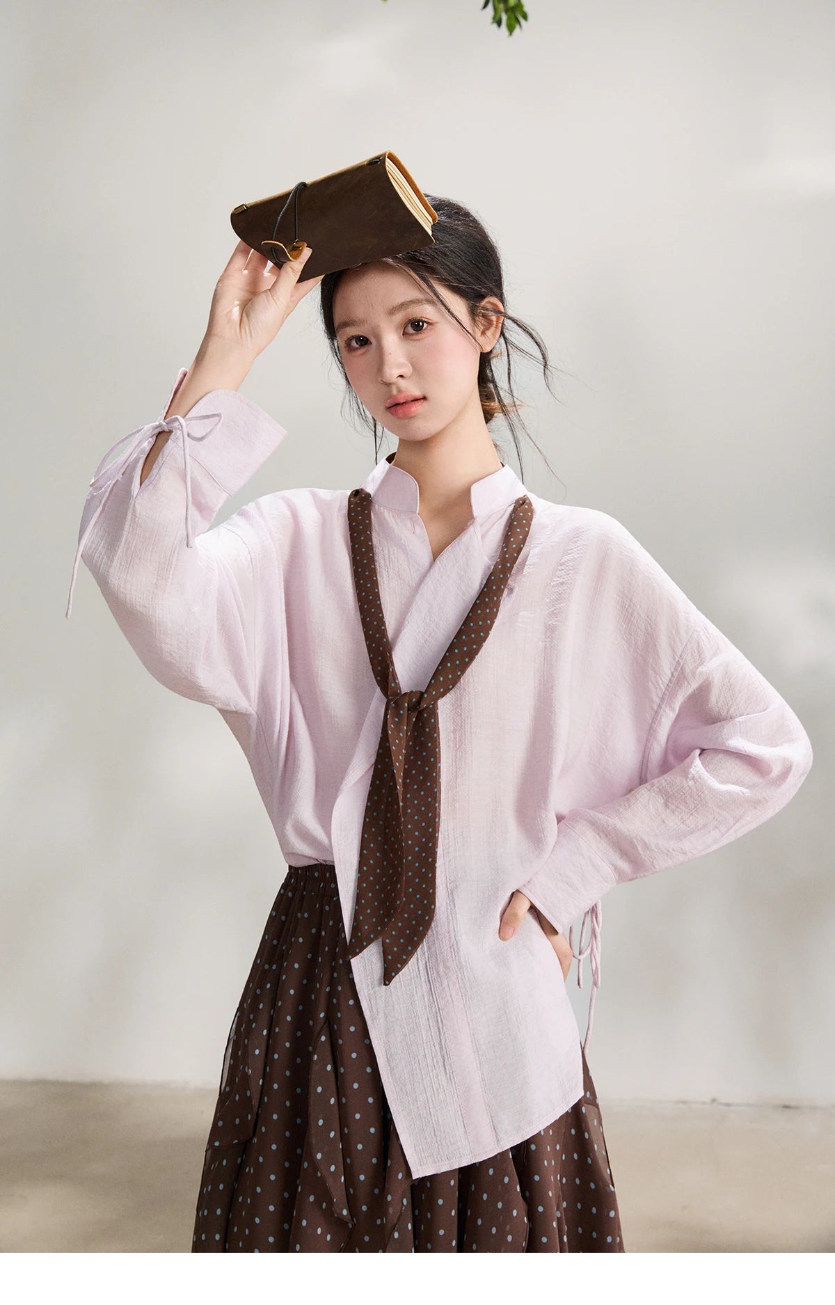 MISHOW Women's Asymmetric V-Neck Shirt Polka Dot Ribbon Tie Cuffs MXF108X1002
