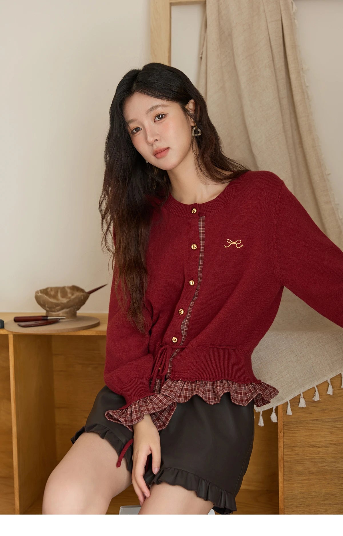 Mishow Red Fake Two-Piece Plaid Patchwork Cardigan MXE45Z2483