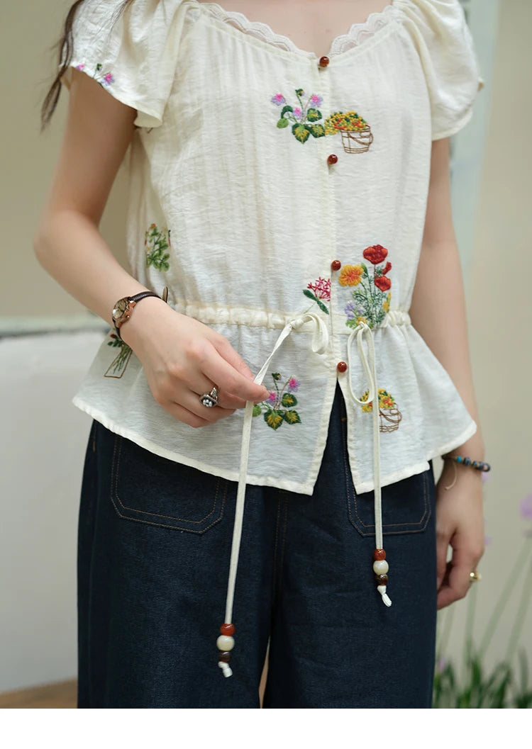 MISHOW Flower Embroidery Square Neck Lace Blouse MXE37X1895