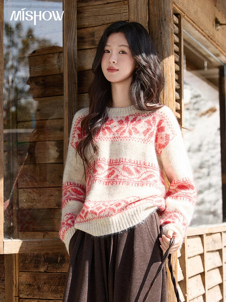 Mishow Christmas Beige White Geometric Jacquard Sweater MXE93Z2938