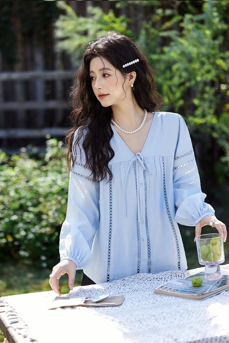MISHOW Blue V-Neck Shirt Lace-Up Hollow Lantern Sleeve MXE12C0411