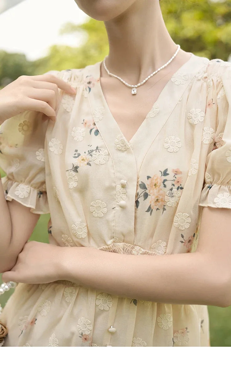 Mishow French Floral Embroidered Petal Sleeve Dress MXC38L1424