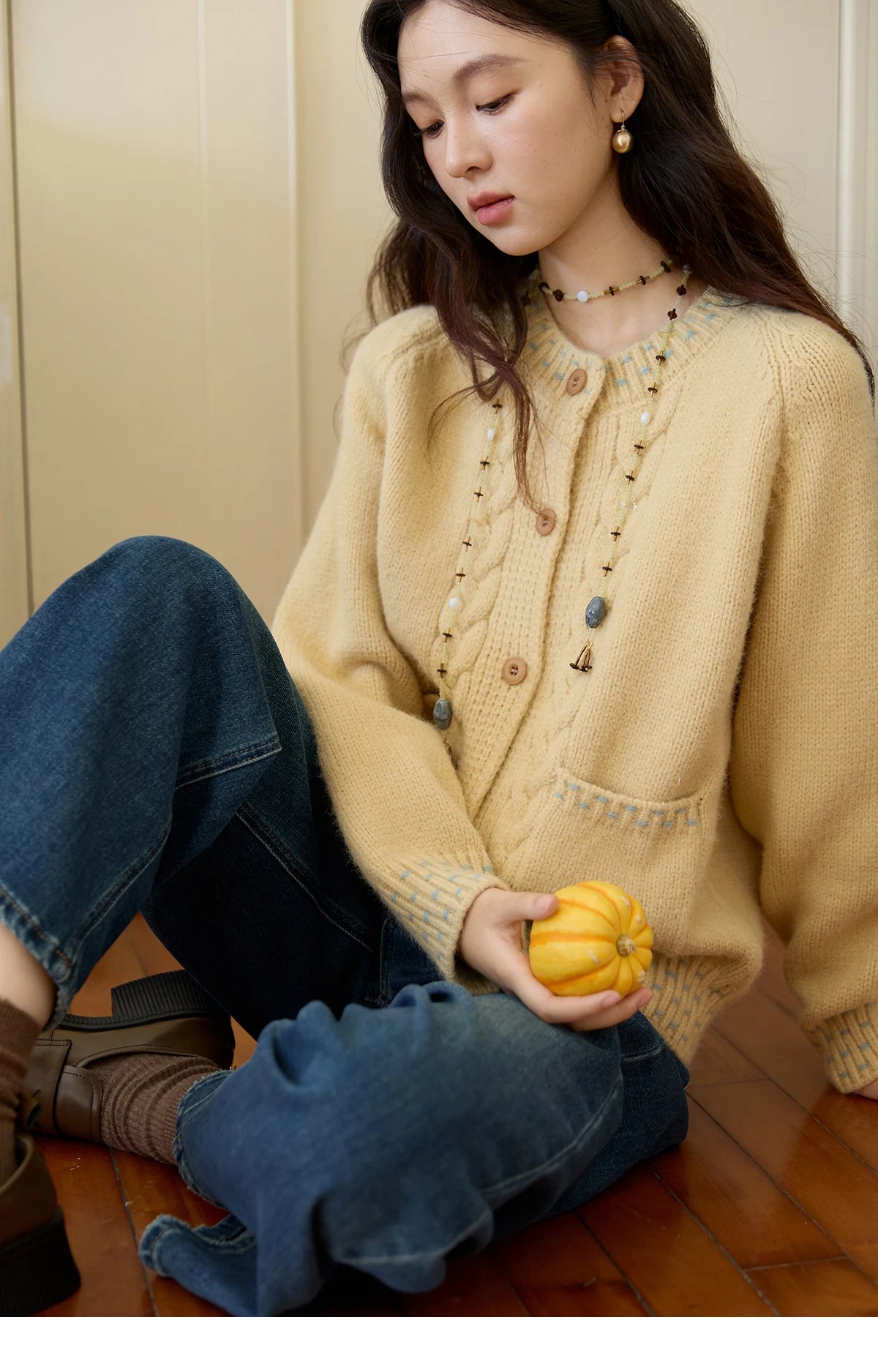 Mishow Yellow Cable Knit Hand-Drawstring Cardigan MXE47Z2566