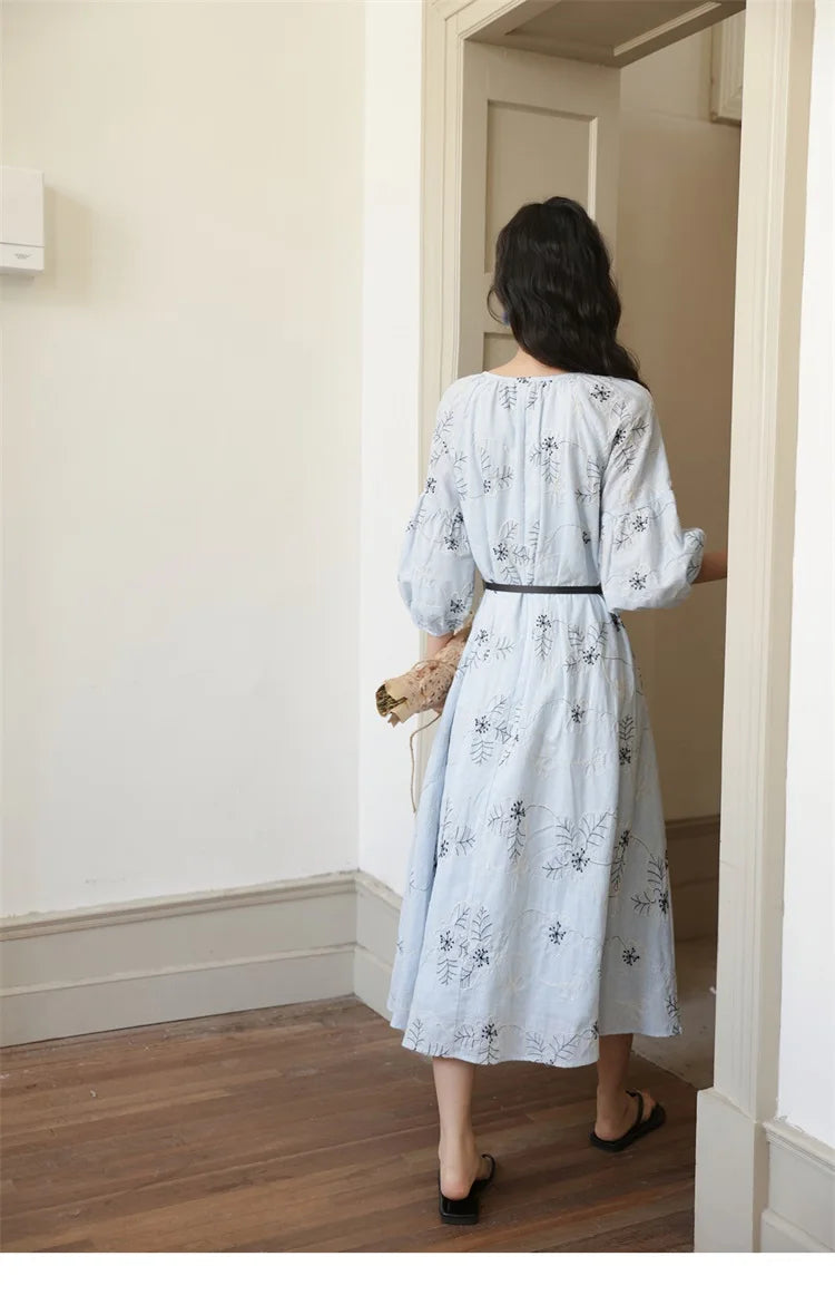 MISHOW Blue Flower Embroidered Lantern Sleeve Dress MXE42L2493