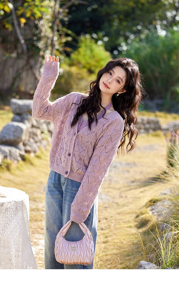 Mishow French Diamond Plaid V-Neck Hollow Cardigan MXE11Z1198