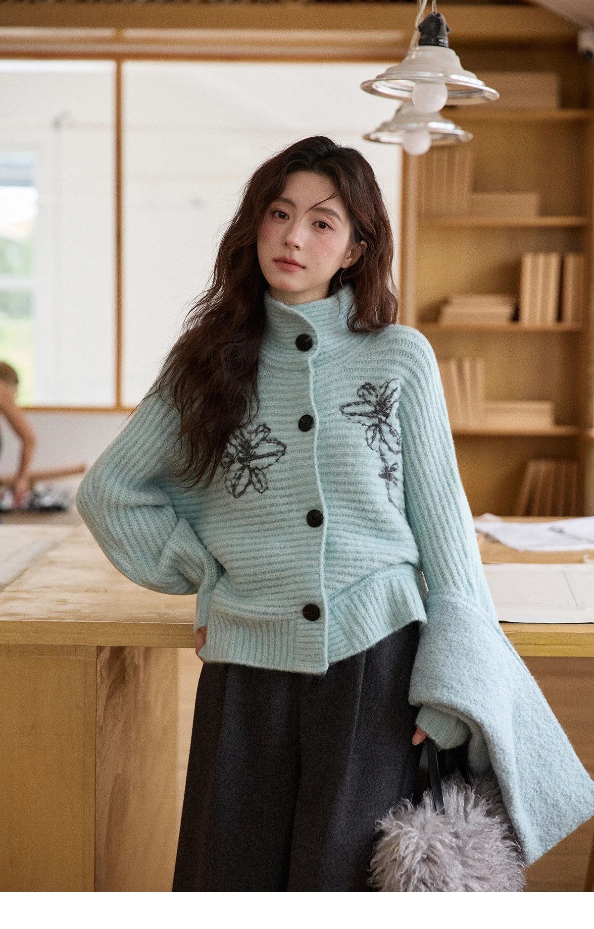 Mishow Blue Stand Collar Flower Jacquard Cardigan MXE86Z2665