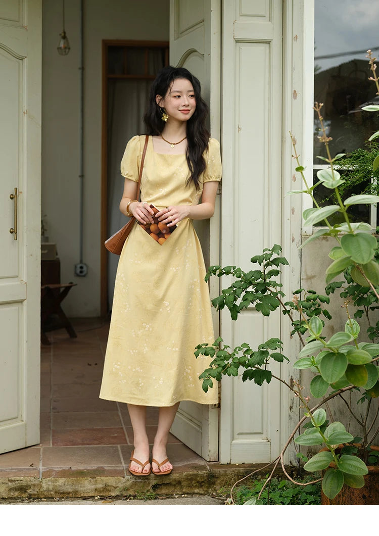 Mishow Square Neck Puff Sleeve Bamboo Jacquard Dress MXE39L2415