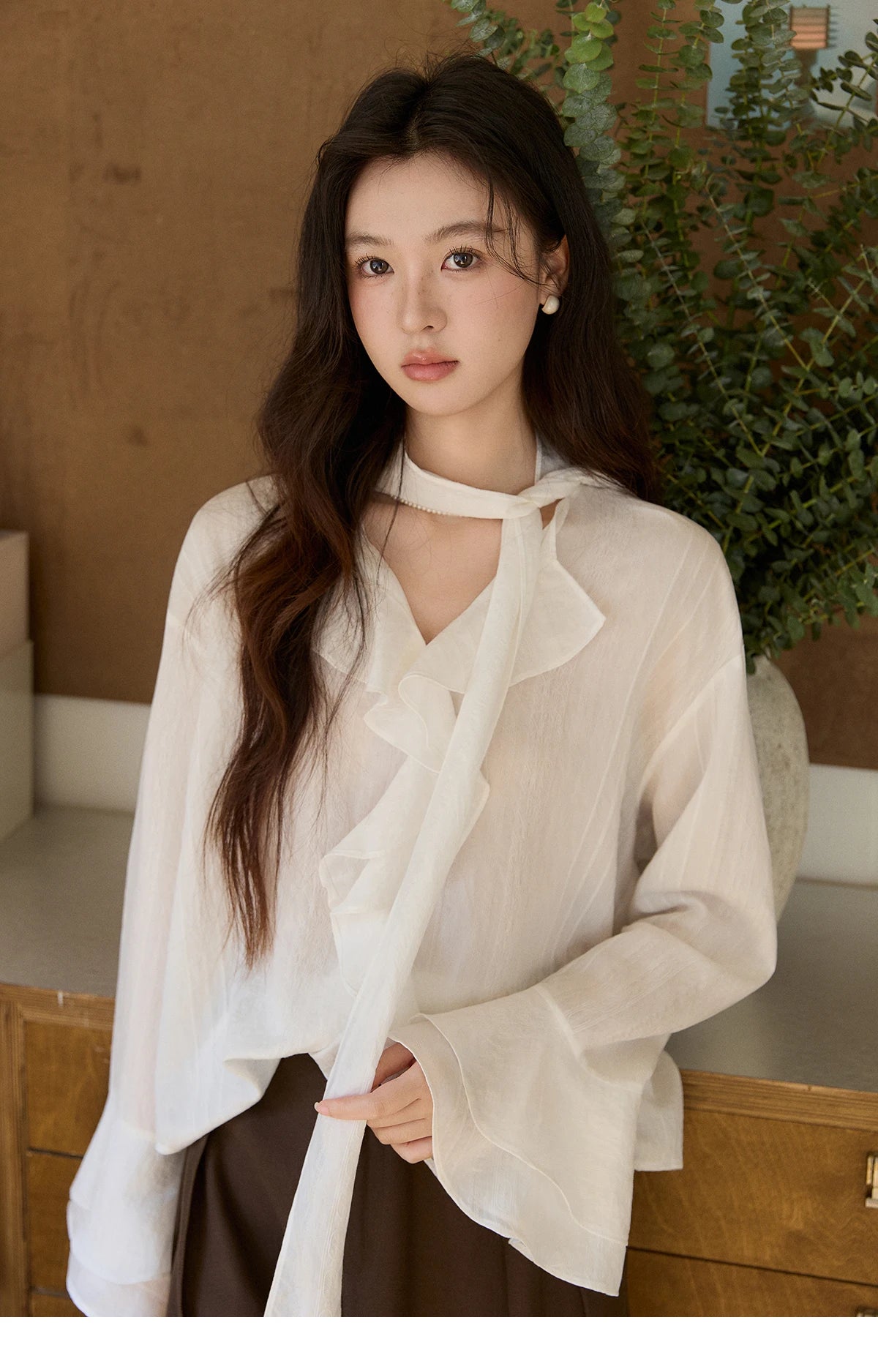 MISHOW Ruffle Trim Chiffon Blouse Detachable Scarf MXF108X0999