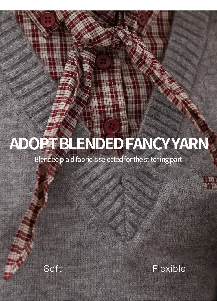 Mishow Fake Two-Piece Plaid Turn-Down Collar Sweater MXE89Z2605