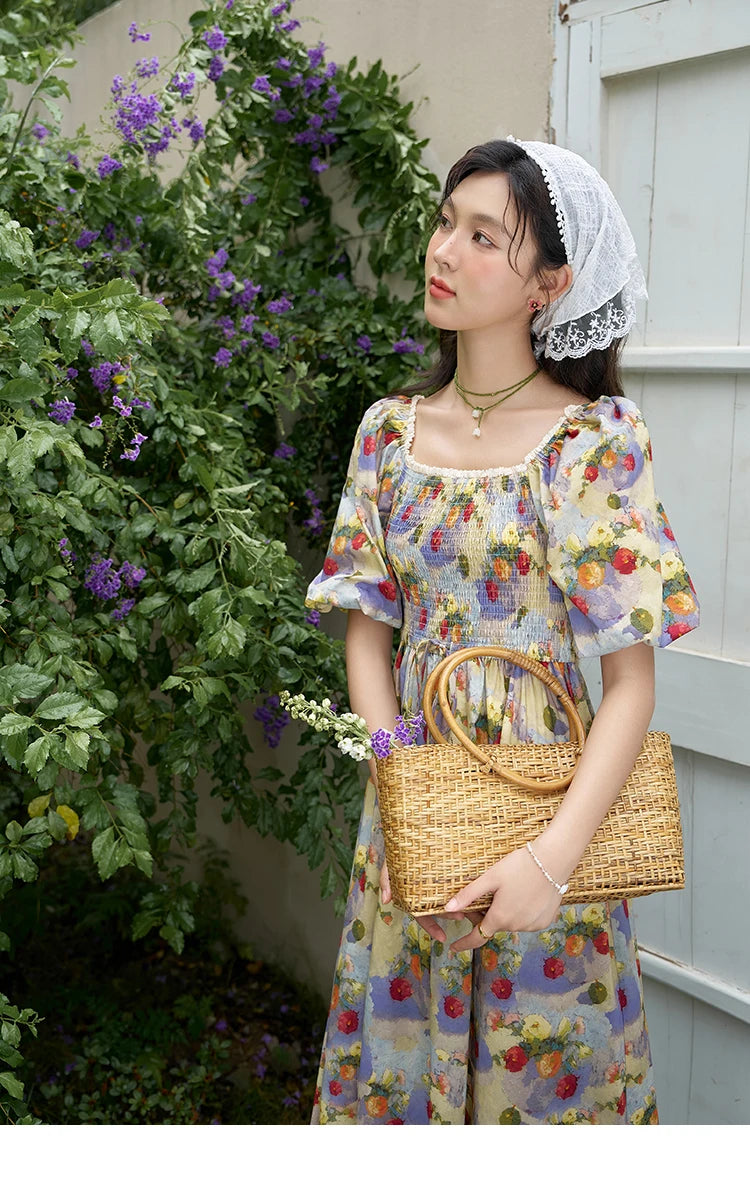 Mishow Floral Smocked Puff Sleeve Beach Dress MXD24L1905