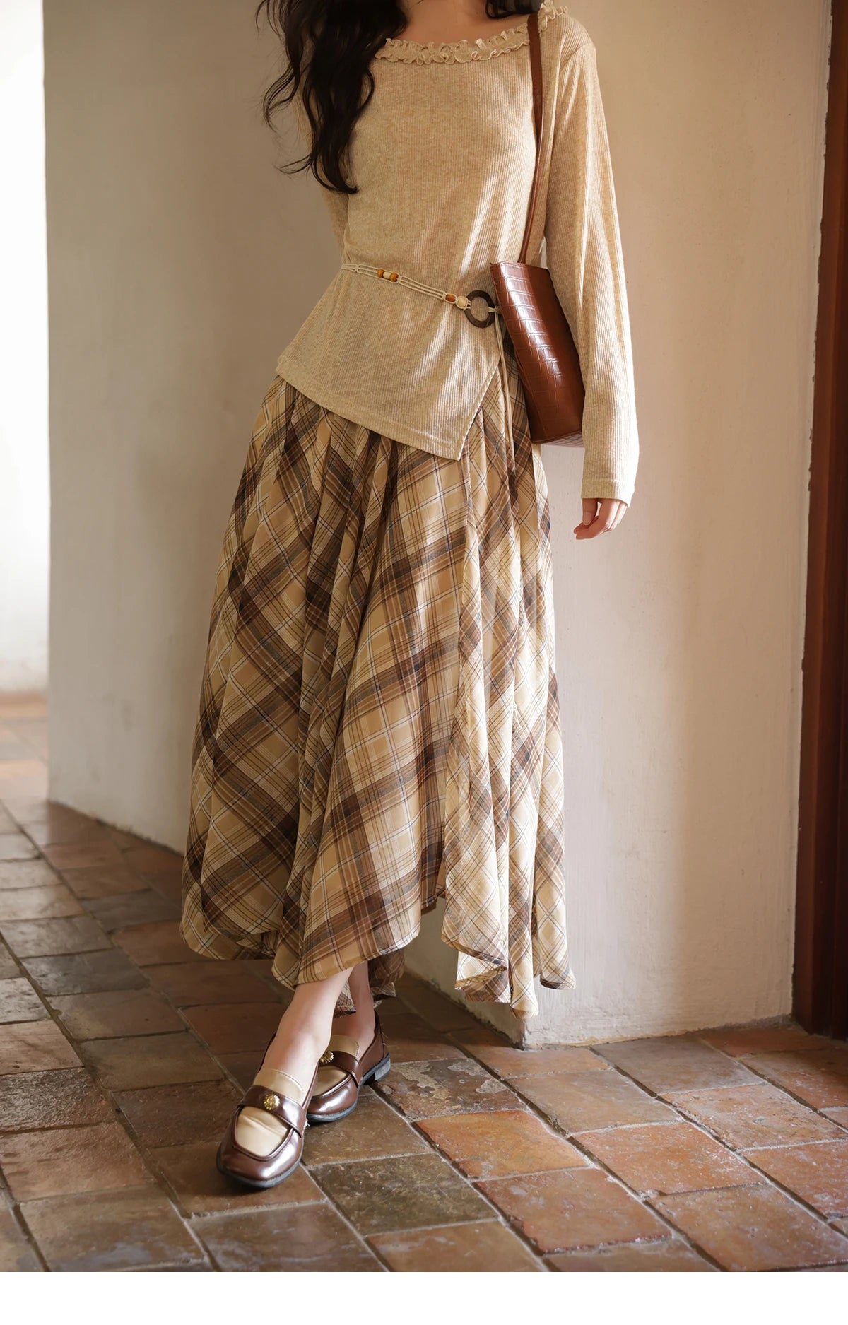 MISHOW Coffee Plaid Skirt Asymmetrical Hem Side Zipper A-Line MXE42B2377