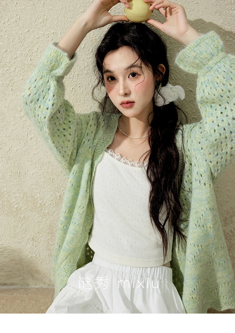 Mishow Green Hollow Out Wave Neck Cardigan MXE12Z1212