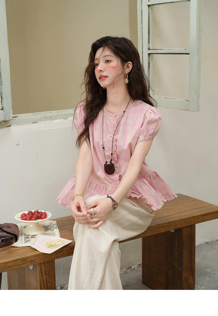MISHOW Pink Plaid Puff Sleeve Shirt O-Neck Button MXE39X1932