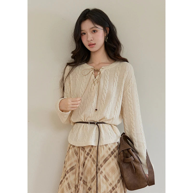 Mishow Beige V-Neck Lace-Up Cable Knit Sweater MXF108Z1029