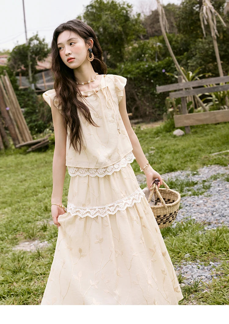 Mishow Short Flying Sleeve Top & Hollow Embroidery A-Line Skirt Set MXE33T0545