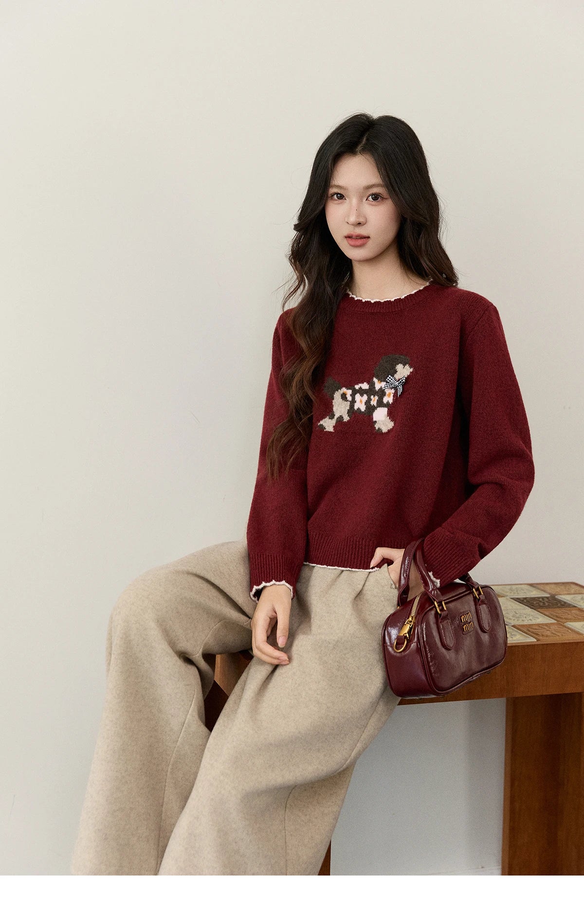 Mishow Burgundy Poodle Pattern Ruffled Trim Pullover MXE93Z2949