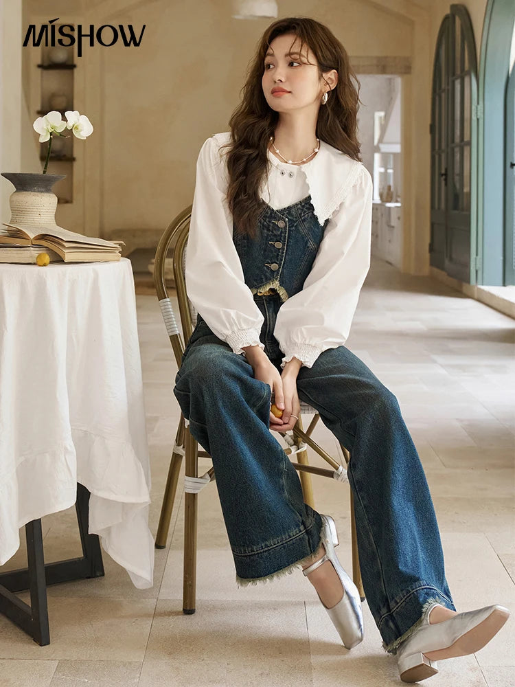 Mishow American Retro Wide Leg Jeans with Tassel Hem MXD12K0538
