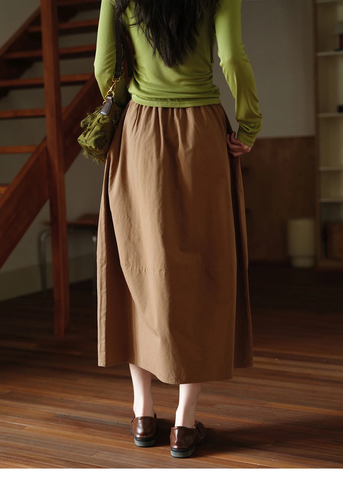 MISHOW Brown Cotton Bud Skirt Elastic Drawstring High Waist Pocket MXE41B2367