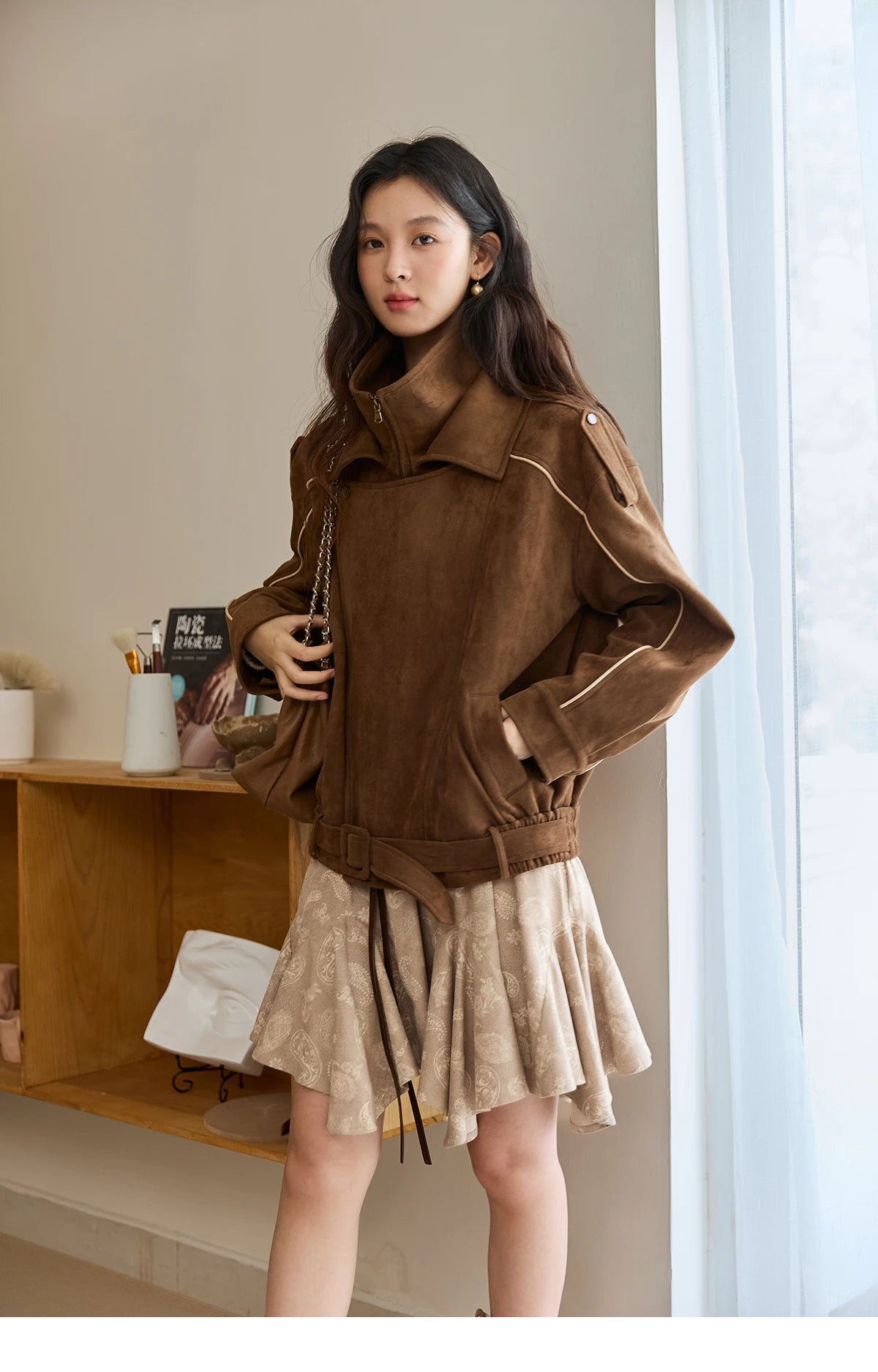 MISHOW Brown Suede Short Jacket Split Turn Down Collar MXE48W0850
