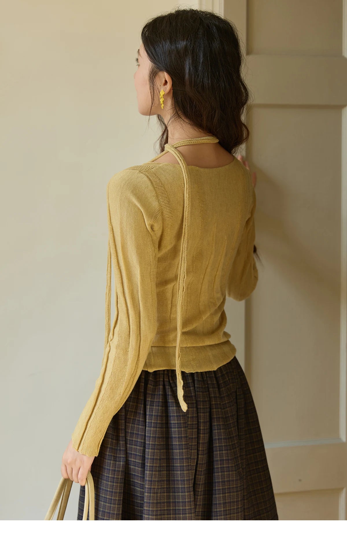 Mishow French Slim Scoop Neck Draped Tie Pullover MXE42Z1322