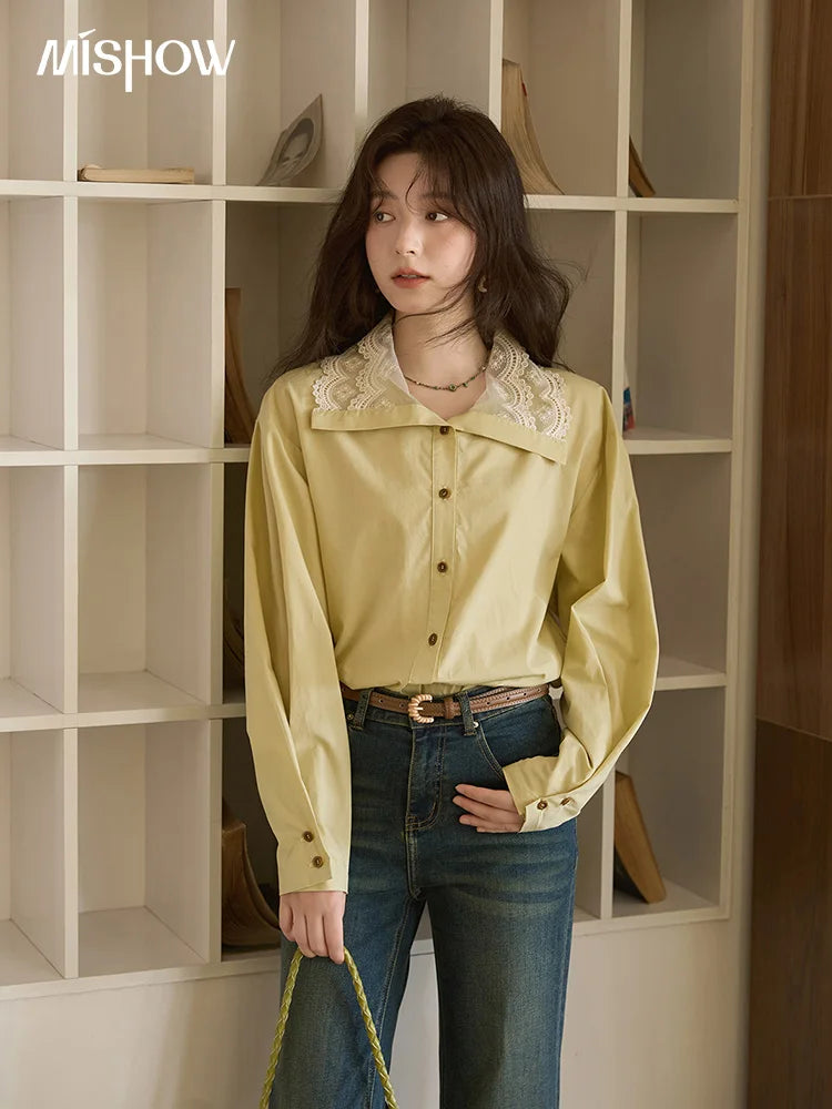 MISHOW Solid Cotton Shirt V-Neck Double Layer Lace MXE41C2366