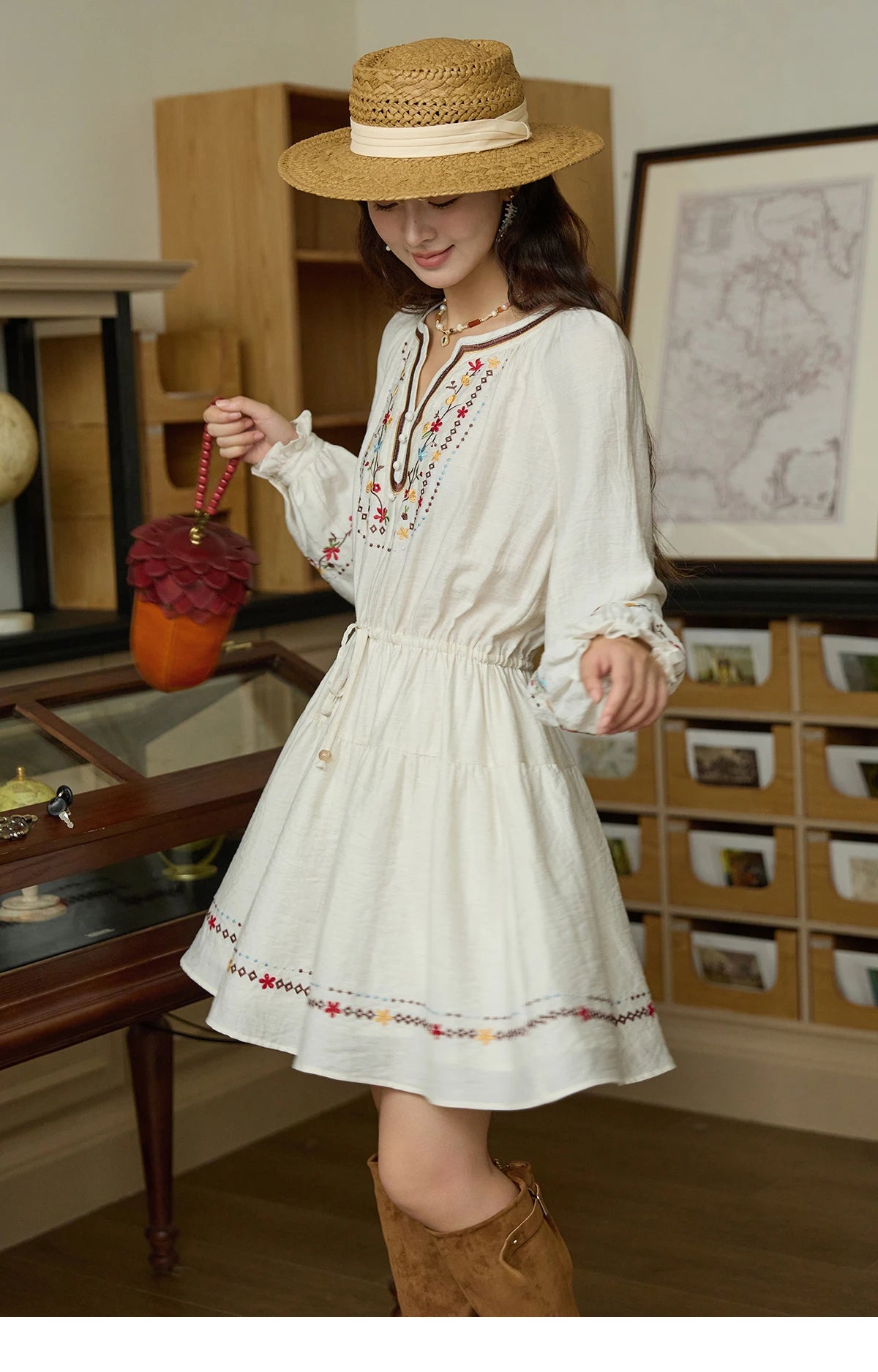 Mishow V-Neck Embroidered Drawstring Bohemian Dress MXE44L2489