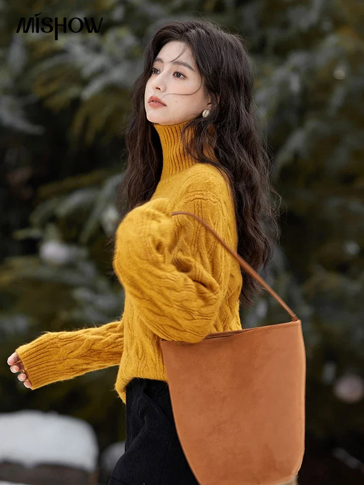 Mishow Turtleneck Texture Solid Warm Pullover MXD57Z1090