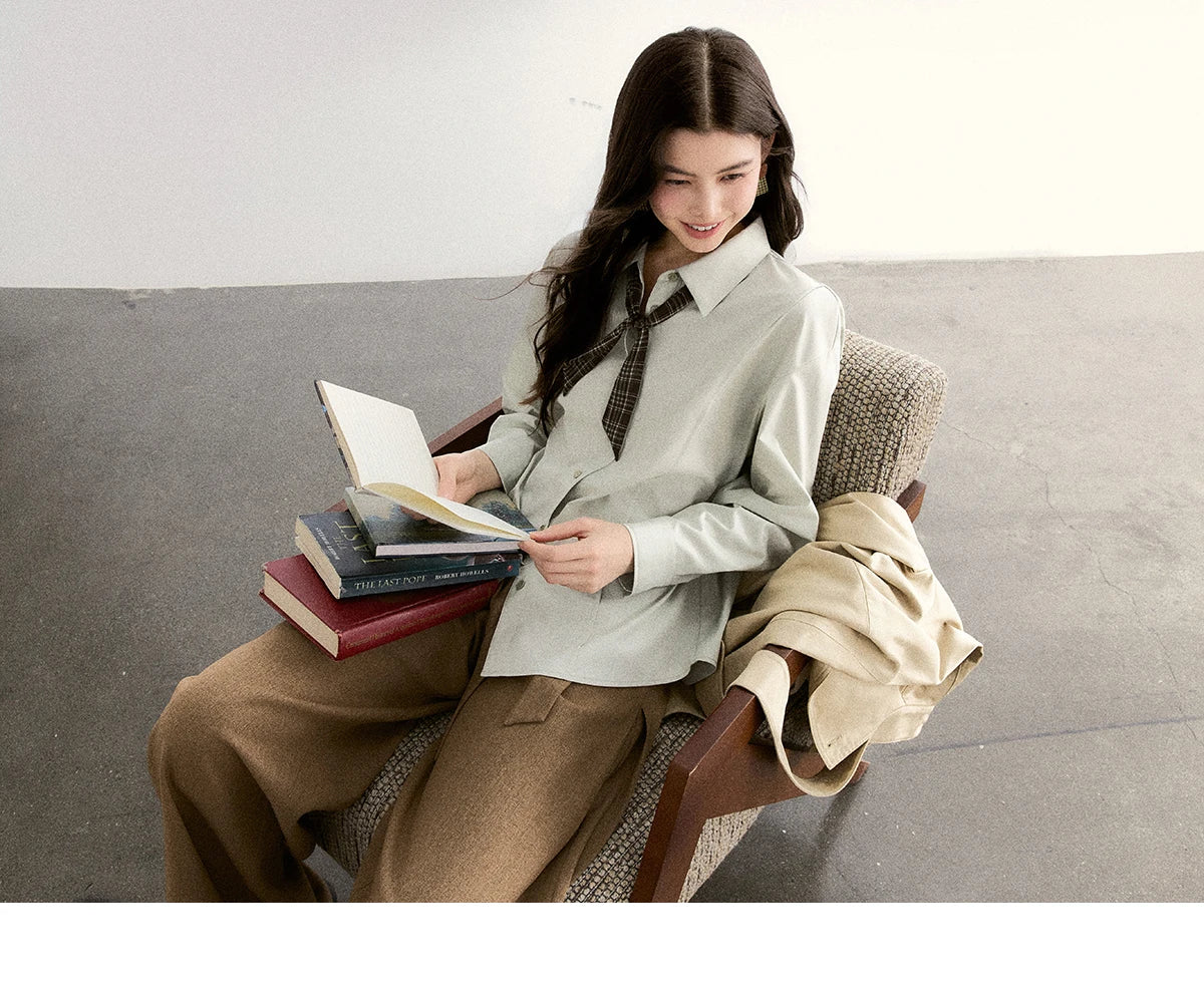 MISHOW Casual Loose Shirt with Plaid Scarf Lapel Top MXF108C0815
