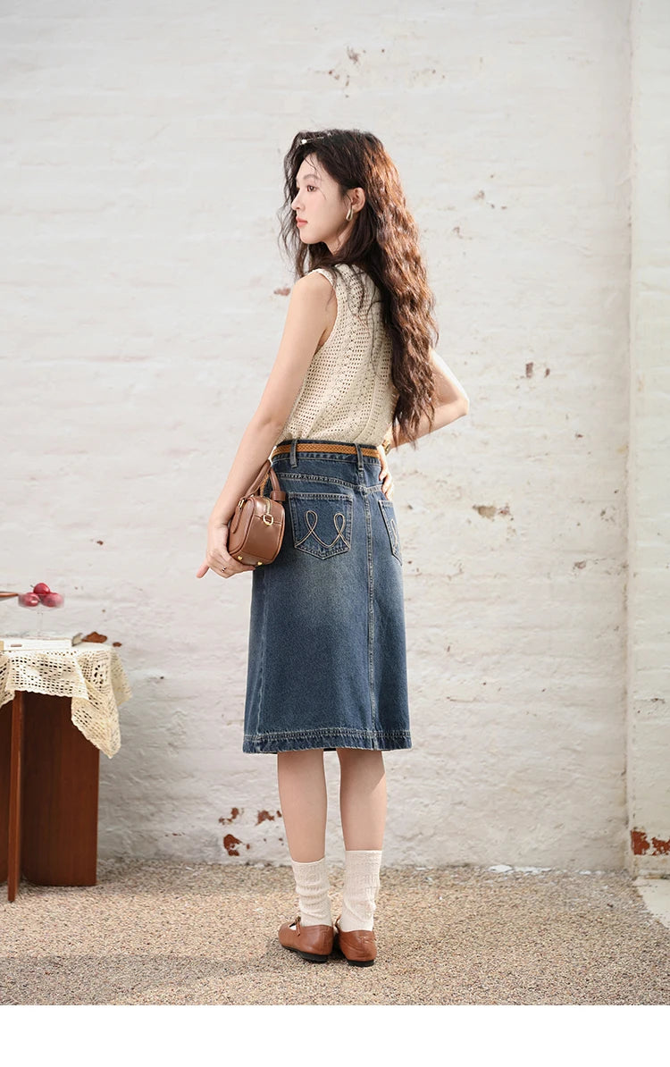 MISHOW Denim Fishtail Skirt Love Embroidered Pockets A-Line MXD28B0414