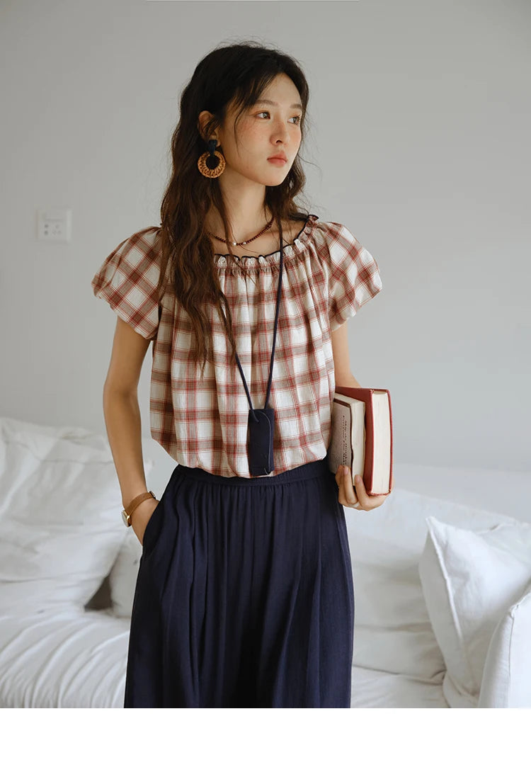 Mishow Retro Red Grid Puff Sleeve Top & Wide Leg Pants Set MXE37T0649